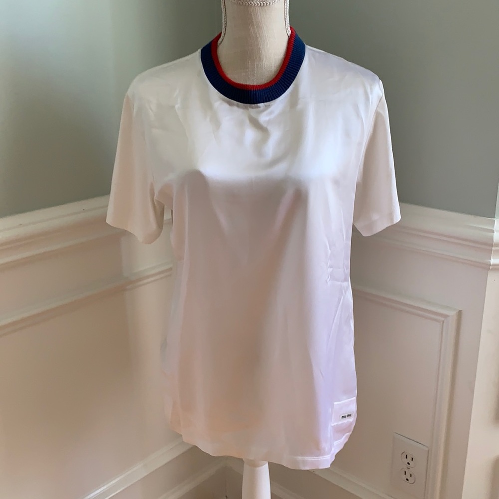 Miu Miu white silk blend top red blue stripe neck